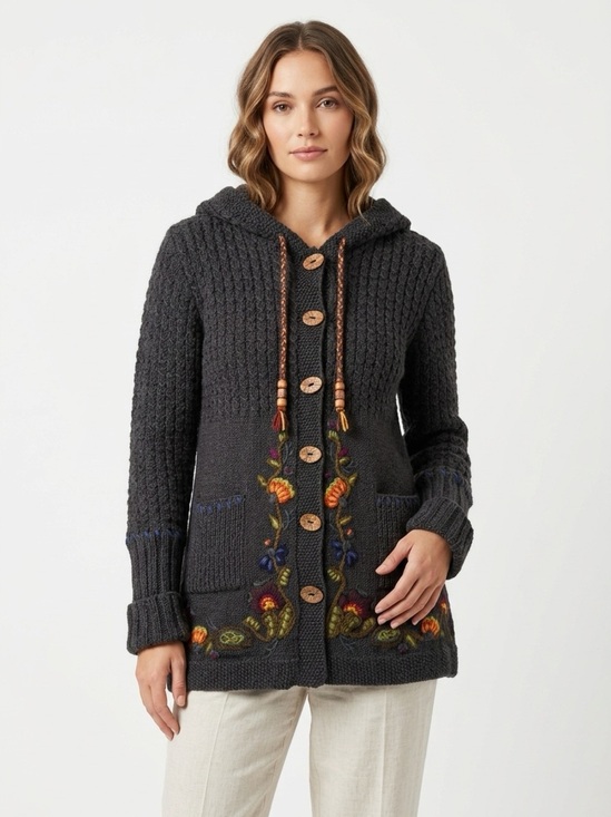 Newari Sweaters - Newari Hooded Long Cardigan Floral Embroidered 100% Wool Charcoal L/XL